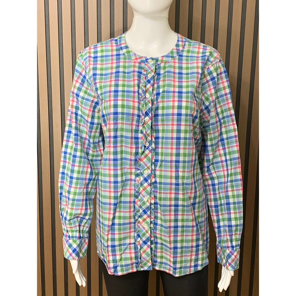 Talbots Petite XL Cotton Linen Plaid Ruffle Front Blouse Blue Green Pink Top